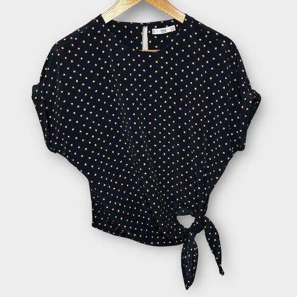 MNG Basics Women's Navy Polka Dot Cuffed Short Sleeve Tie Front Blouse Top Sz 4 - Picture 1 of 15